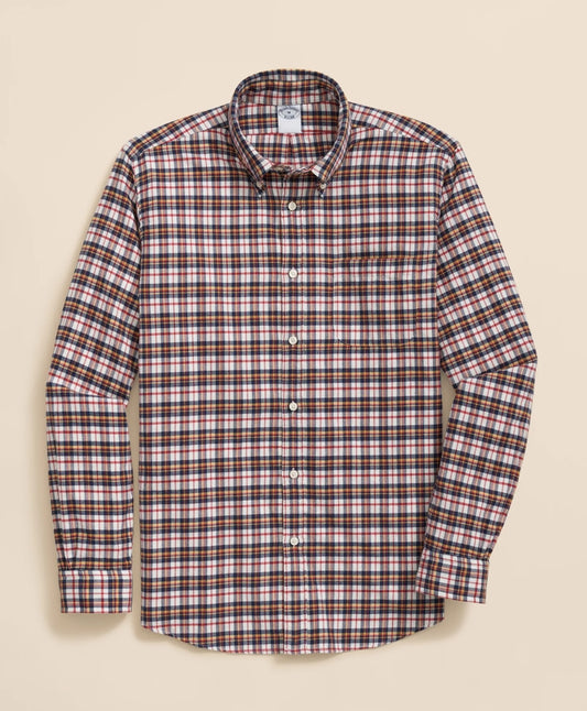 Sale Portuguese Flannel Polo Button Down Collar, Multi-Check Shirt - Brooks Brothers US