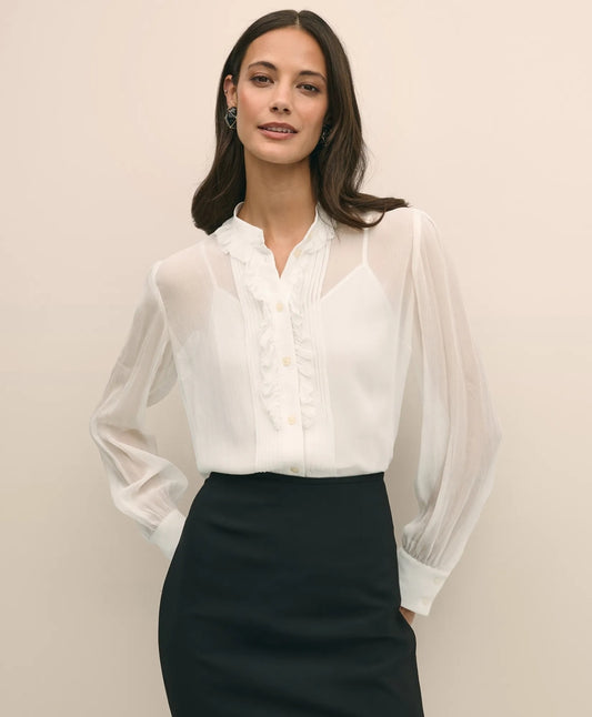 Sale Sheer Pleated Ruffle Detail Blouse - Brooks Brothers Discount